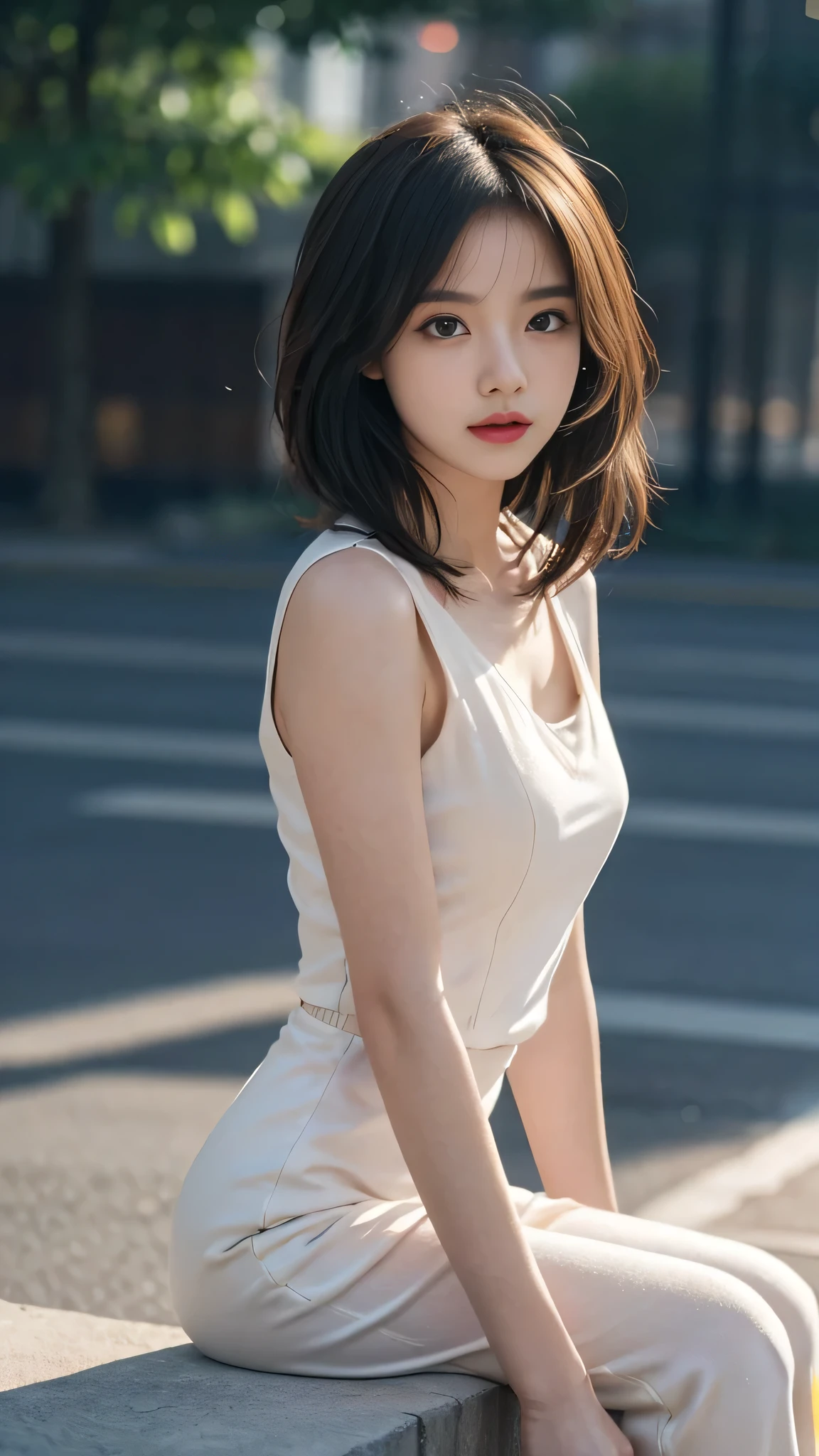masterpiece, top-quality, 1 beautiful girl, (Detailed beautiful eyes), ((Detailed skin)) , ((Detailed medium hair)), A beautiful girl, jum suit, RAW photos, Camera angle behind, sitting, CG rendering, Blurred background, deep shadow, 16K, bokered, Very detailed, wallpaper, depth of field, movie light, Ray tracing.
