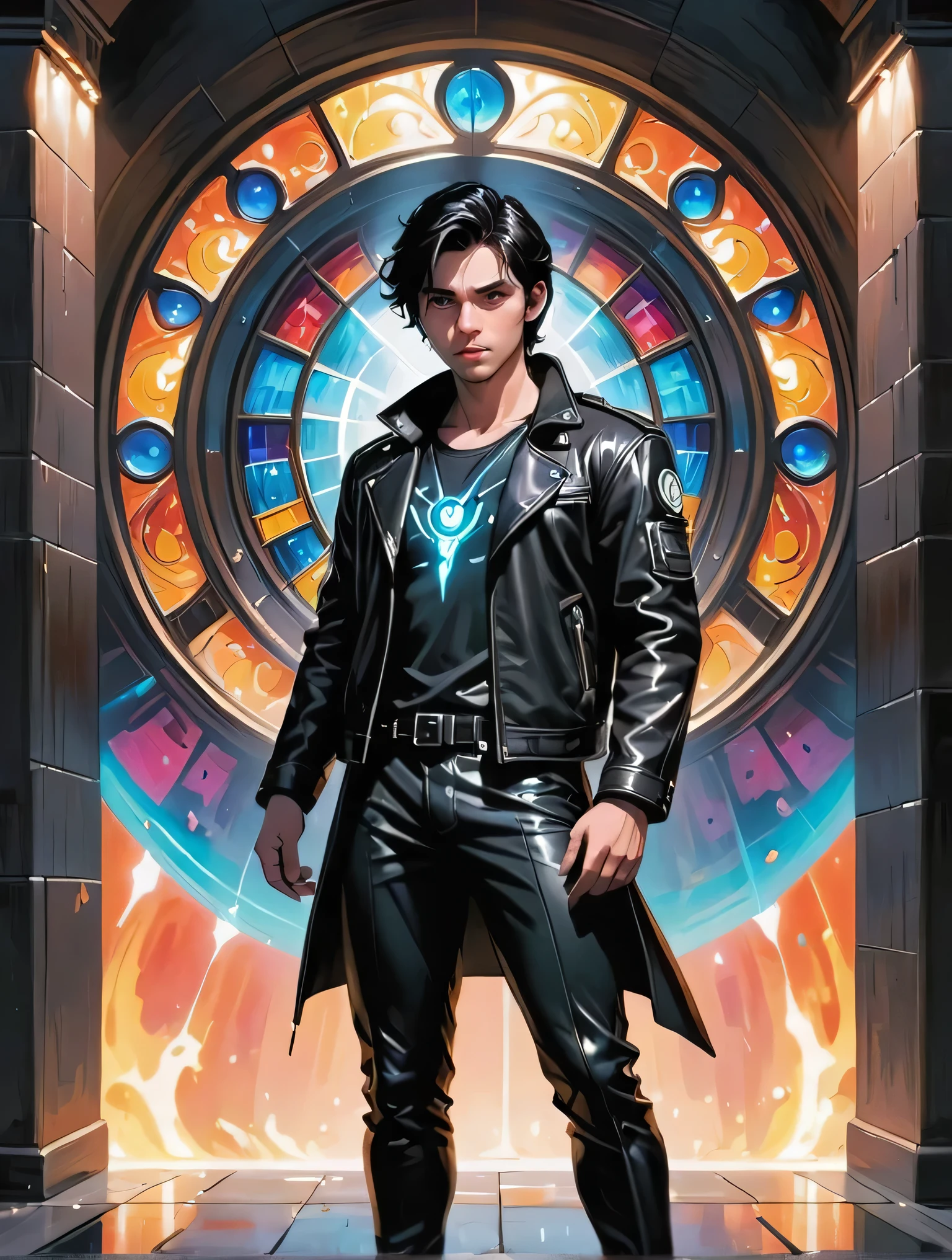 (full body:1.2), 1indian boy, man, solo, [:fantastical costume design,:0.2] lightningelementalist, muted sandybrown (leather jacket:1.2), korean, deep black hair with some silvr highlight, (athletic:1) build, Stained glass workshop in a ghostly scifi subterranean topia outside of reality, masterpiece