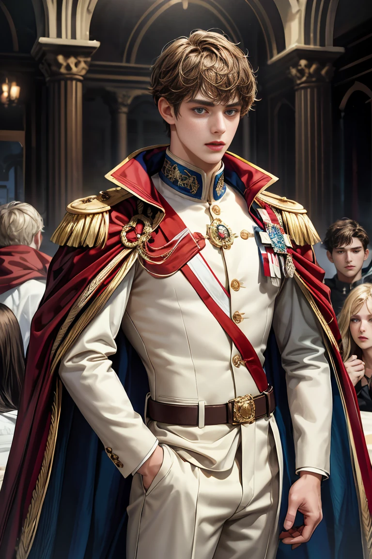 masterpiece, 最high quality, high quality, 1 boy, alone, Male focus, Watching the audience, Messy brown hair, Adorable big blue eyes, White, Noble, Noble, Beautiful Bomber Cape、A very voluminous, large, very large, very large, long, long red and black cape with a high stand-up collar, made of a lot of fabric that reaches down to the floor., ,Cute beautiful boys,Cute, cute, kind, handsome guy