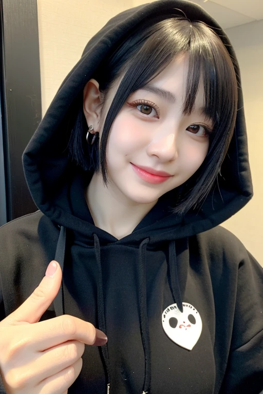 ((highest quality)), ((masterpiece)), (detailed), Perfect face bust enhancement Making a heart in front of my face Smiling, wearing a black hoodie Wearing color contact lenses、There are a lot of piercings in the ears Very short hair Japanese girl About 27 years old
