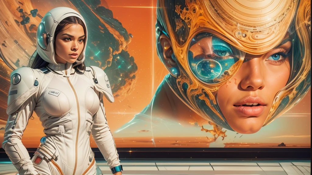 arafed image of a white woman in a futuristic suit with a spaceship in the background, movie art, in front of an orange background, inspired by Robert McGinnis, female protagonist, megastructure in the background, portrait of an ai astronaut, astronauts, an astronaut, portrait of a astronaut skeletor, perfect android girl, detailed eyes, perfectly detailed teeth, frank franzzeta and sakimichan  