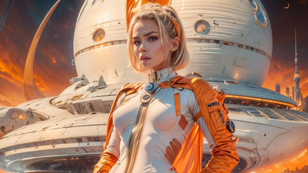 arafed image of a white woman in a futuristic suit with a spaceship in the background, movie art, in front of an orange background, inspired by Robert McGinnis, female protagonist, megastructure in the background, portrait of an ai astronaut, astronauts, an astronaut, portrait of a astronaut skeletor, perfect android girl, detailed eyes, perfectly detailed teeth, frank franzzeta and sakimichan  