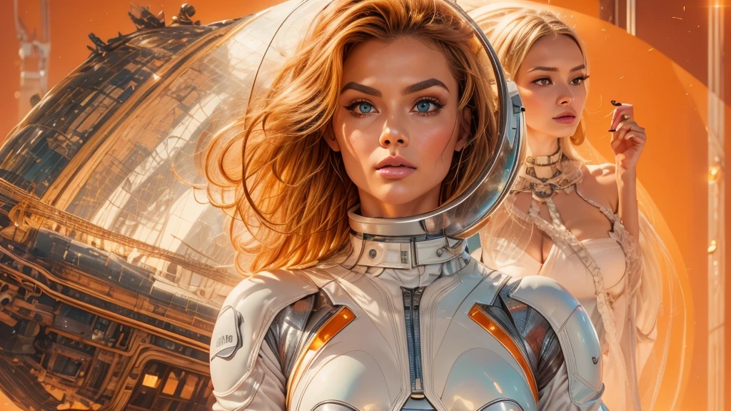 arafed image of a white woman in a futuristic suit with a spaceship in the background, movie art, in front of an orange background, inspired by Robert McGinnis, female protagonist, megastructure in the background, portrait of an ai astronaut, astronauts, an astronaut, portrait of a astronaut skeletor, perfect android girl, detailed eyes, perfectly detailed teeth, frank franzzeta and sakimichan  