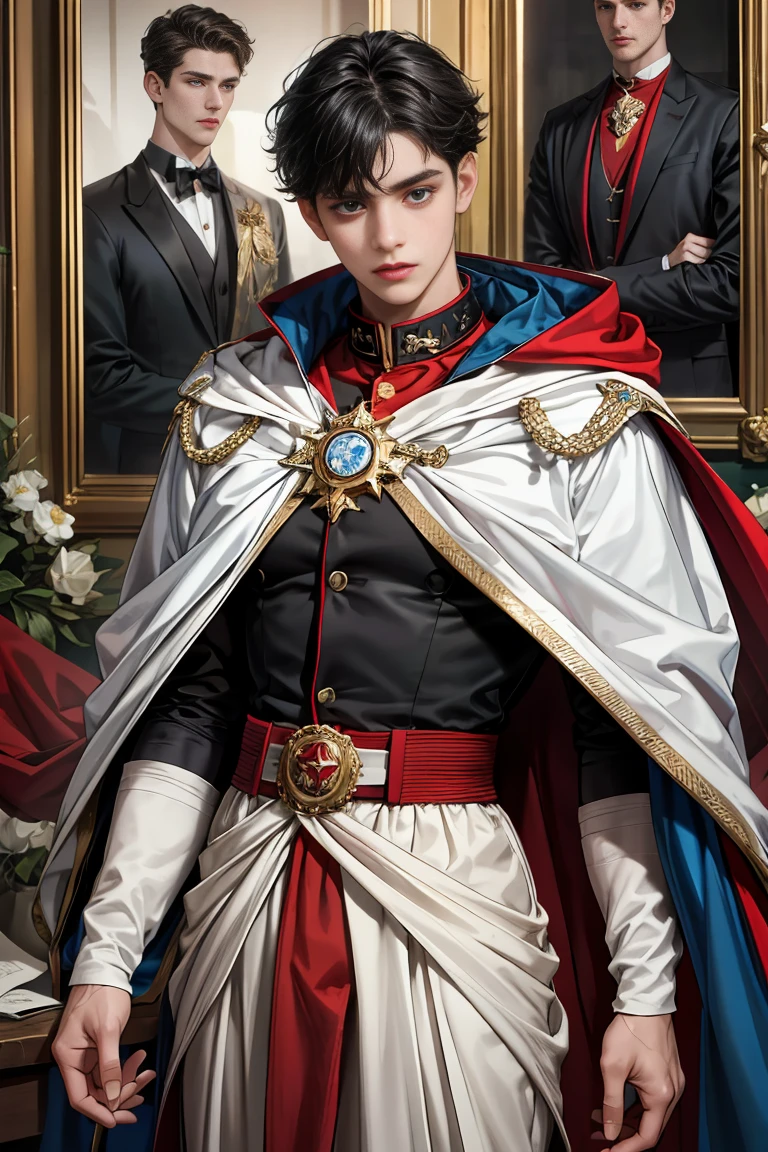 
masterpiece, 最high quality, high quality, 1 boy, alone, Male focus, Watching the audience,  Messy black hair, Adorable big blue eyes, White, Noble, Noble, Sexy Bomber Cape、A very voluminous, large, very large, very large, long, long red and black cape with a high stand-up collar, made of a lot of fabric that reaches down to the floor., ,Cute beautiful boys,Cute, cute, kind, handsome guy