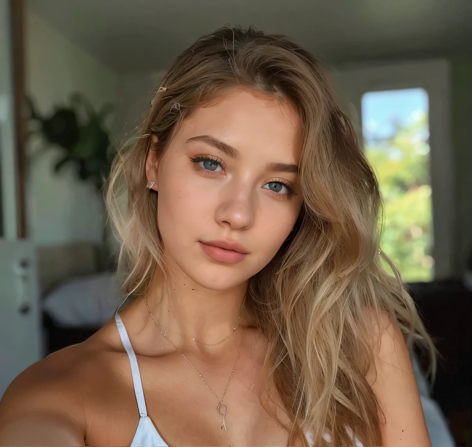 mulher arafed com cabelo longo ondulado e desarrumado, messy hair and a white bra top, sem maquiagem cabelos ondulados, modelo do instagram, Retrato de Sophie Mudd, Alana Fletcher, lindo rosto atraente, sem maquiagem, garota sexy com olhos verdes, ellie victoria gale, cabelo ondulado na altura dos ombros, rosto extremamente lindo, morena com cabelos tingidos de loiro, taken at the beginning of 2020, linda mulher, amazing light blue eyes, pastel blue eyes, collarbone visible,