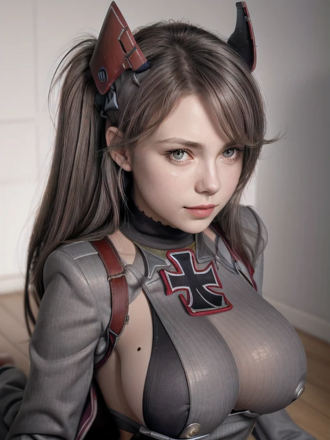 (8k, RAW photo, best quality, masterpiece:1.2), (realistic, photo-realistic:1.4), (extremely detailed 8k wallpaper), sharp focus, depth of field, blur background, bokeh, cinematic lighting, soft light, break, (close up:1.5), break, 
smile, Spread legs, on the floor, break, 
aaeugen, long hair, two side up, antenna hair, headgear, iron cross, sideboob, mole on breast, military uniform, grey dress, buttons, long sleeves, black gloves, garter straps, black thighhighs