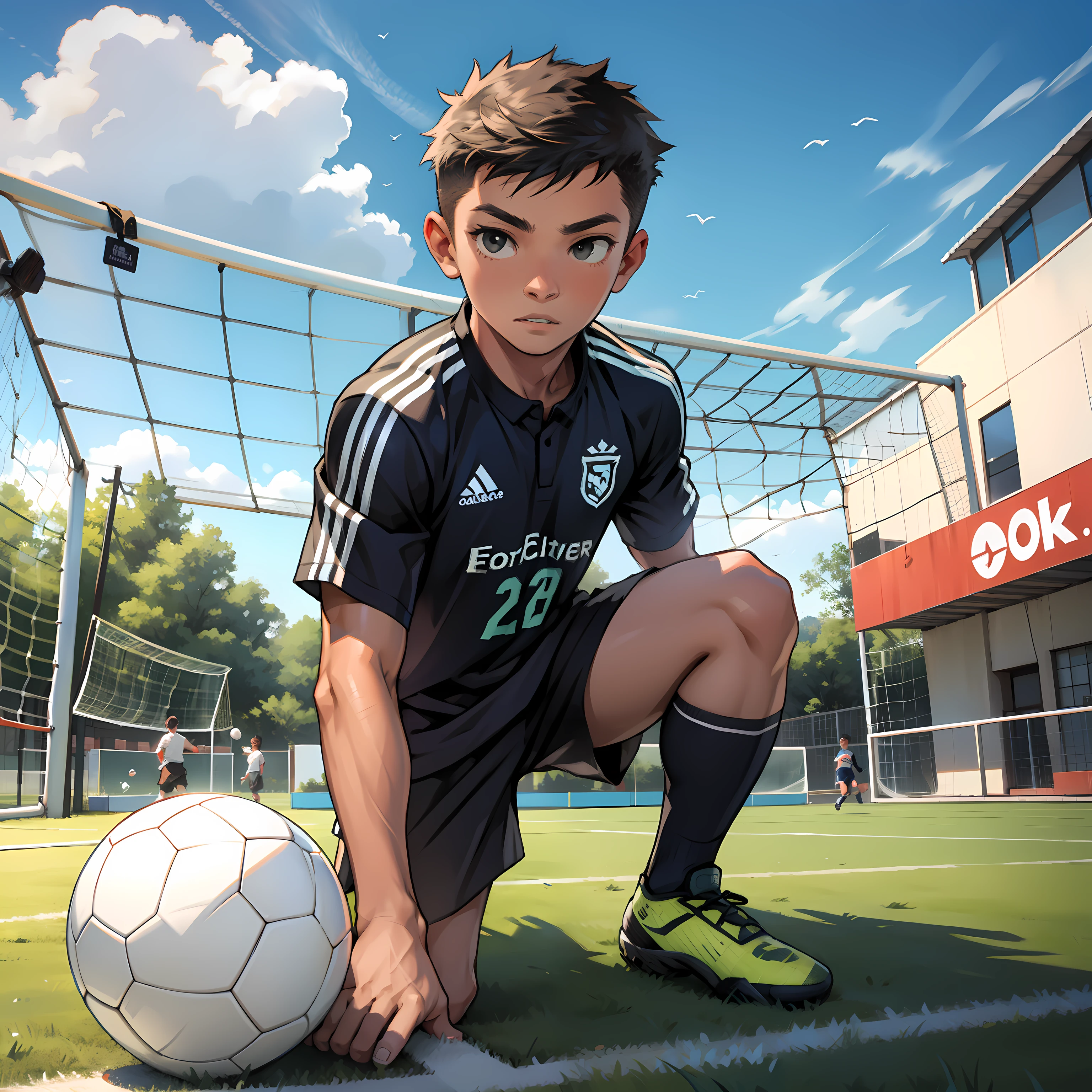 A boy is playing soccer,soccer court