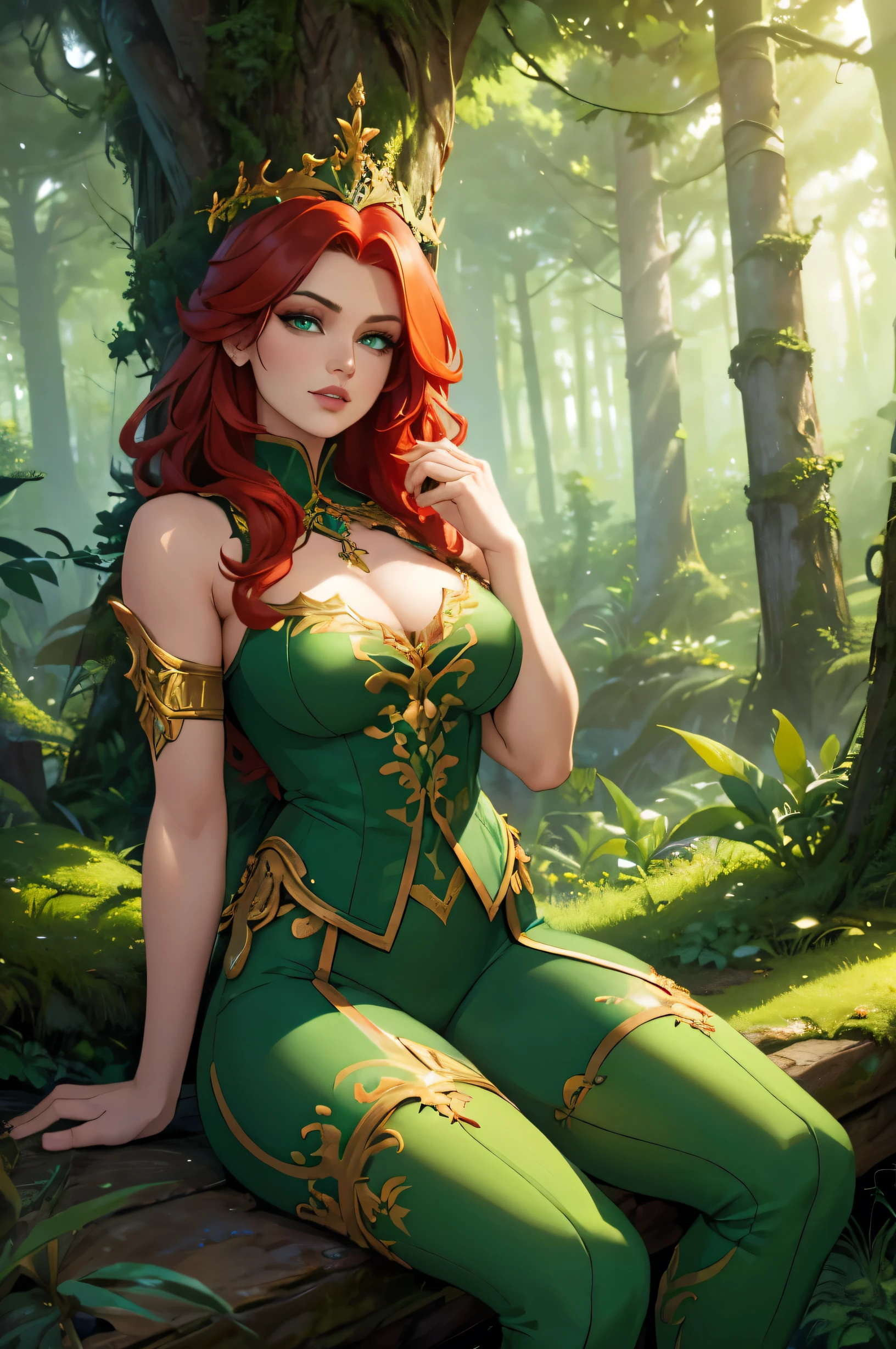 a mysterious forest queen with vibrant red hair, piercing green eyes, sitting on a throne made of plants, wearing a green tight outfit with high boots and leggings, (best quality,4k,8k,highres,masterpiece:1.2),ultra-detailed,(realistic,photorealistic,photo-realistic:1.37),digital painting,concept art,cinematic lighting,dramatic composition,intricate details,lush vegetation,enchanted forest,dominant pose,regal bearing