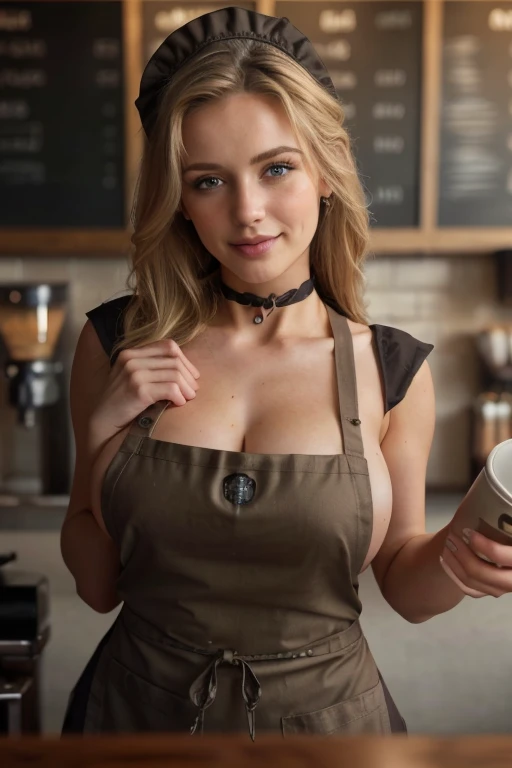 4k, 8k, ultra highres, raw photo in hdr, sharp focus, intricate texture,realistic, detailed facial features, highly detailed face, posing,perfect lighting,long hair,makeup,close-up,((choker)),smile,Dollblush2,blonde hair, in a coffee shop, waist up shot, ((breasts under apron, barista breasts, coffee shop worker apron))