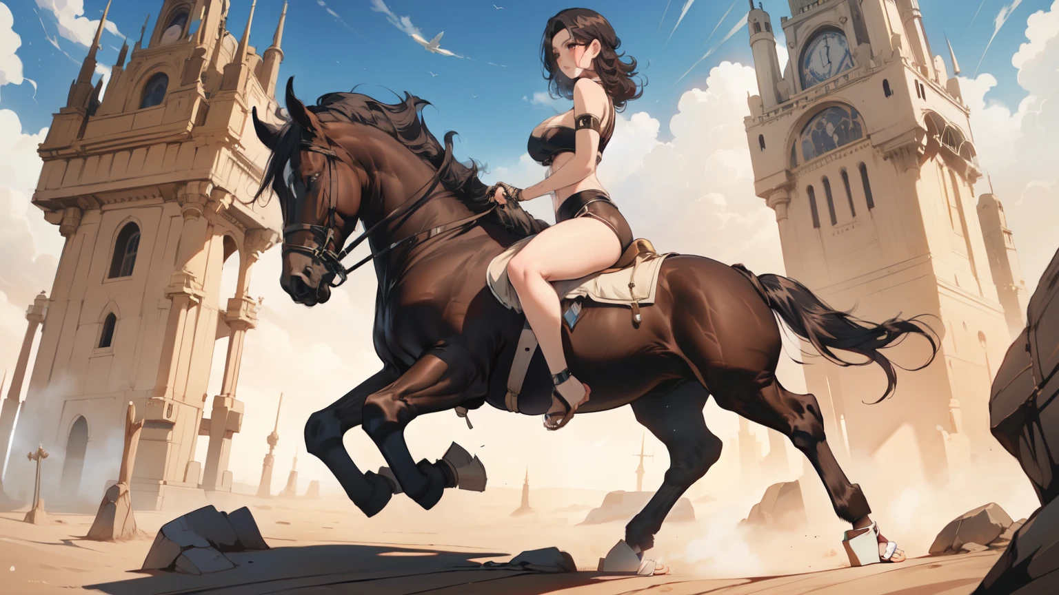 ((best quality)), ((anime masterpiece)), (high detailed), 8k, cinematic lighting, perfect face, large breast, cleavage, female dancer riding a BROWN HORSE, (pink dancer outfit, sandals), (brown horse, saddle, reins, bridle, stirups), solo, both hand holding rein, fantasy setting, on the desert, ((from side: 1.5)), anatomically correct