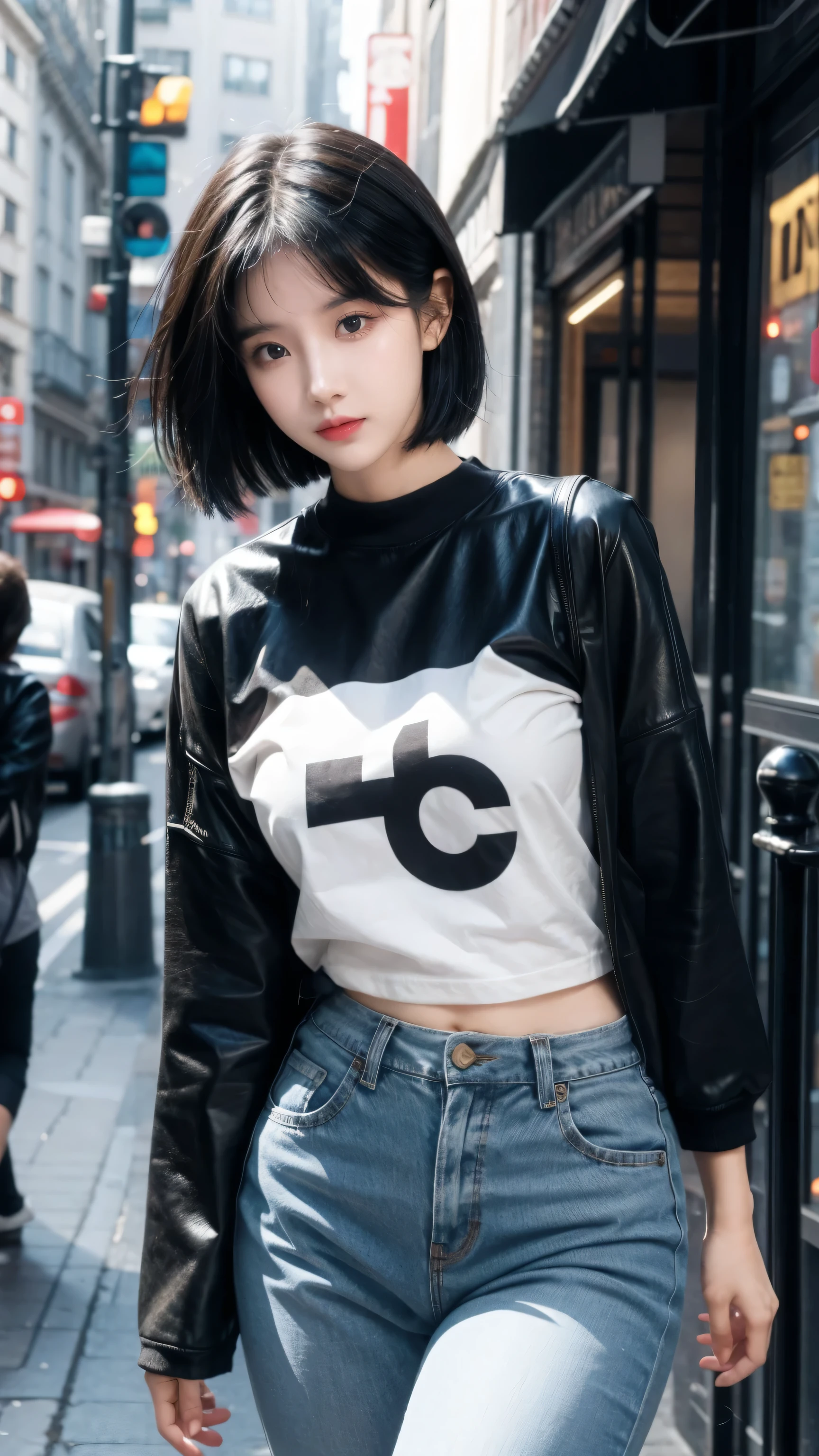 best quality, 1 Girl, dark blue hair, black eyes, Very short hair, Spiky hair, blue light oversize t-shirt, High waist short, 171 cm, Messy hair, Hair between the eyes, Medium breasts, full, Tomboy, aldult, 20 years old, 1 Girl near light blue motorcycle