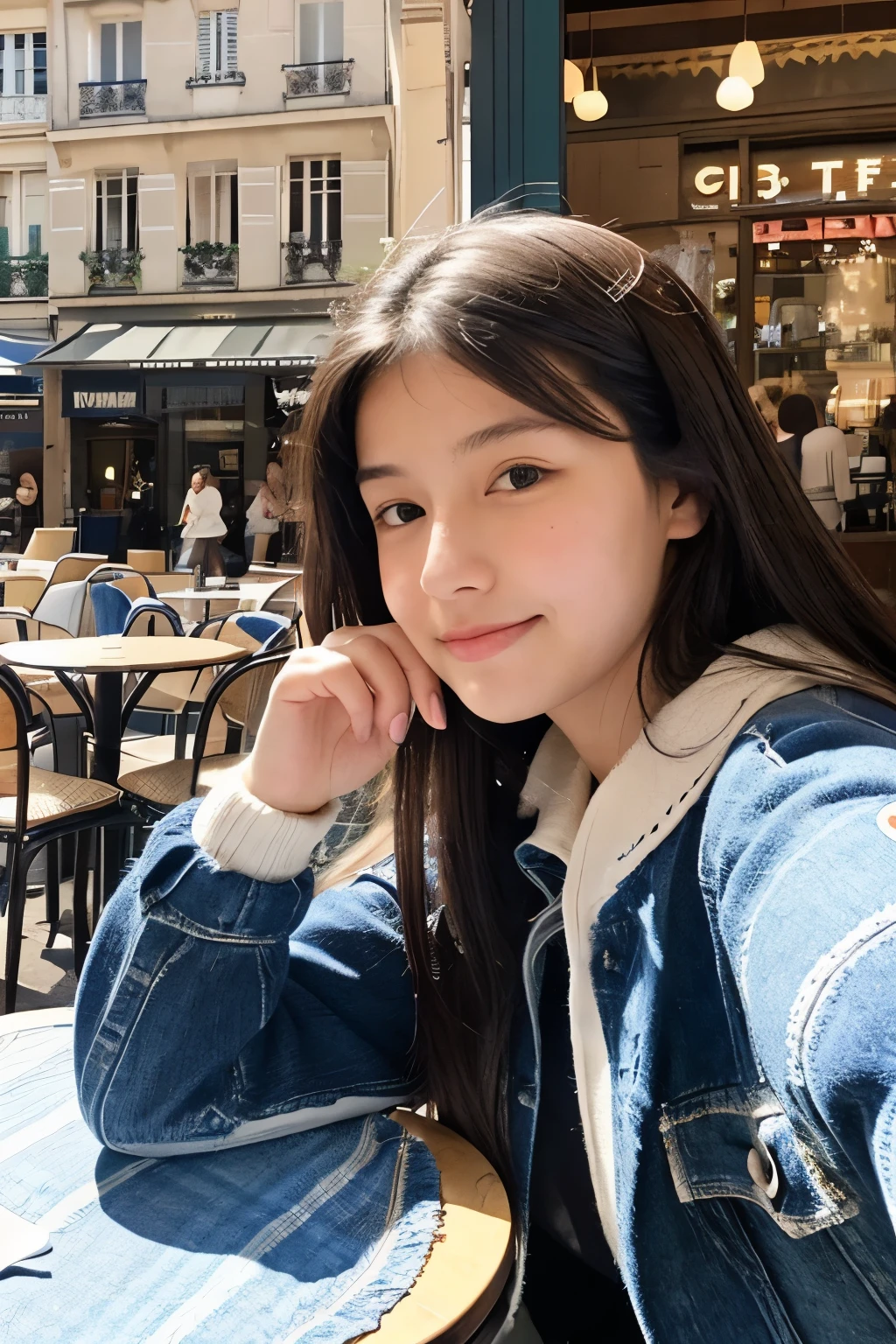 Mood photo for advertising, a 16 yo girl sitting at a coffee table with blue-white-patched table cloth, outside of sidewalk cafe, frontal shot of exterior, Close-up selfie, besides cobblestone pavement, in paris, enjoying cup of cuppaccino, morning sunshine from window, photorealistic, selfie 