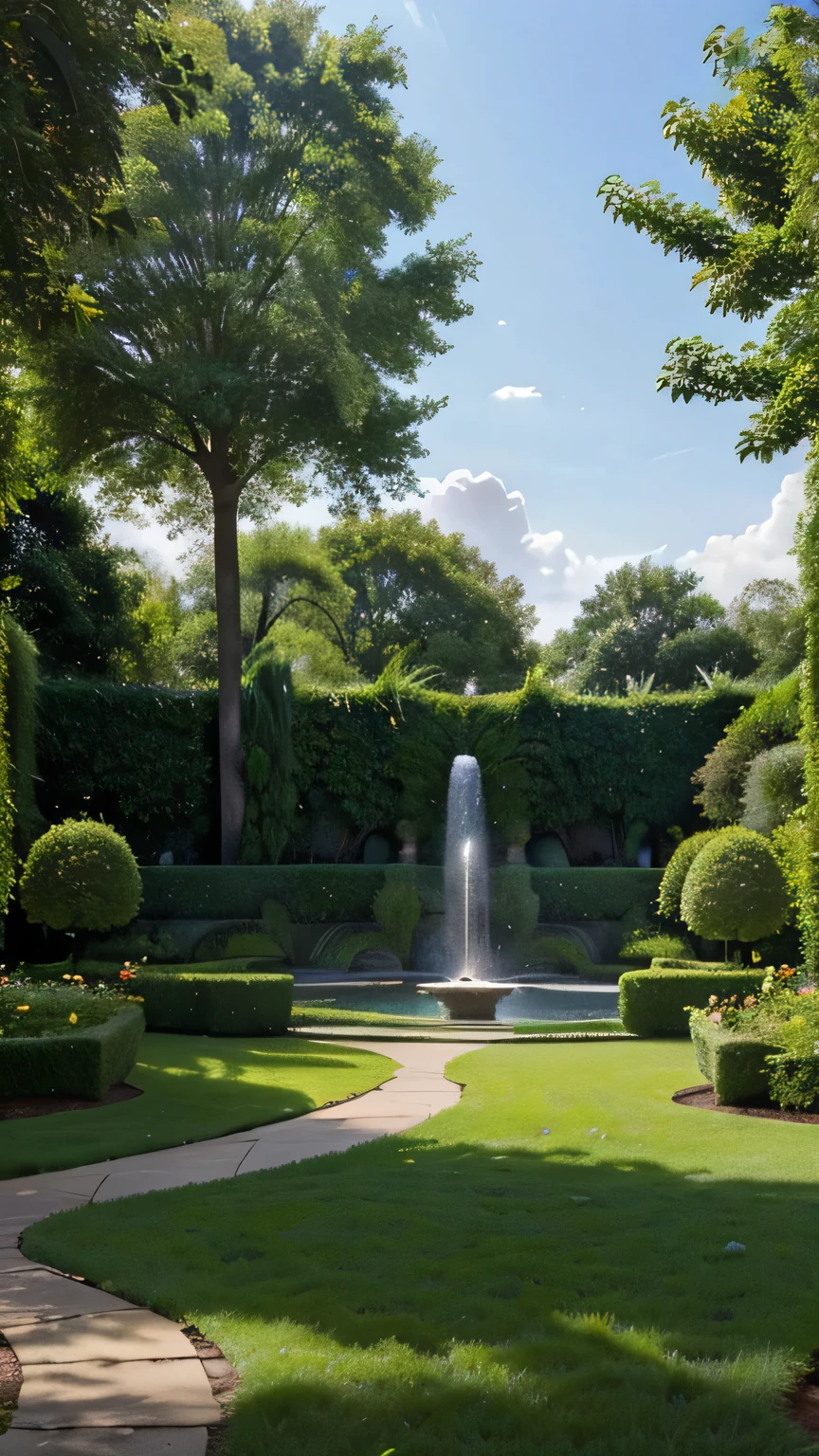 Describe a celestial and lush scene depicting the Garden of Eden. The setting is a terrestrial paradise of incomparable beauty, where nature flourishes in all its glory. Large leafy trees, with verdant leaves and colorful flowers, stretch in every direction.In the center of the garden, there is a fountain of crystal-clear water, from which a serene river extends, irrigating the entire land. The sky above is a deep blue, adorned with fluffy white clouds that float gently. Rays of golden light filter through the leaves of the trees, creating a play of light and shadow on the ground.Peaceful animals of all species roam freely through the garden, living together in harmony. Birds of all colors and sizes fly through the skies, filling the air with the sound of their cheerful songs.The atmosphere is serene and tranquil, and a sense of peace and purity permeates the entire garden. This is the Garden of Eden, an oasis of beauty and perfection on Earth."