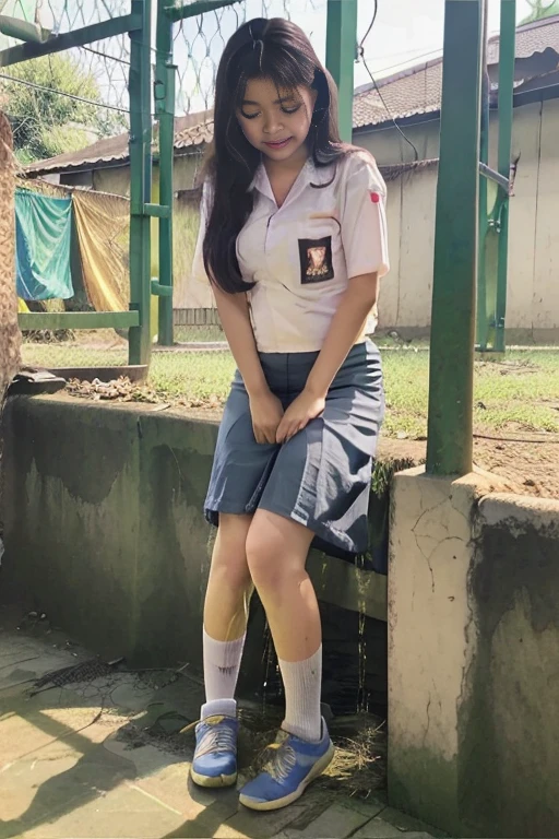 A girl with Indonesia face, approximately 16 ye girl can be seen in the process of peeing. Standing. Wet patch. Incontinence (urination:1.5) (peeing in skirt)
