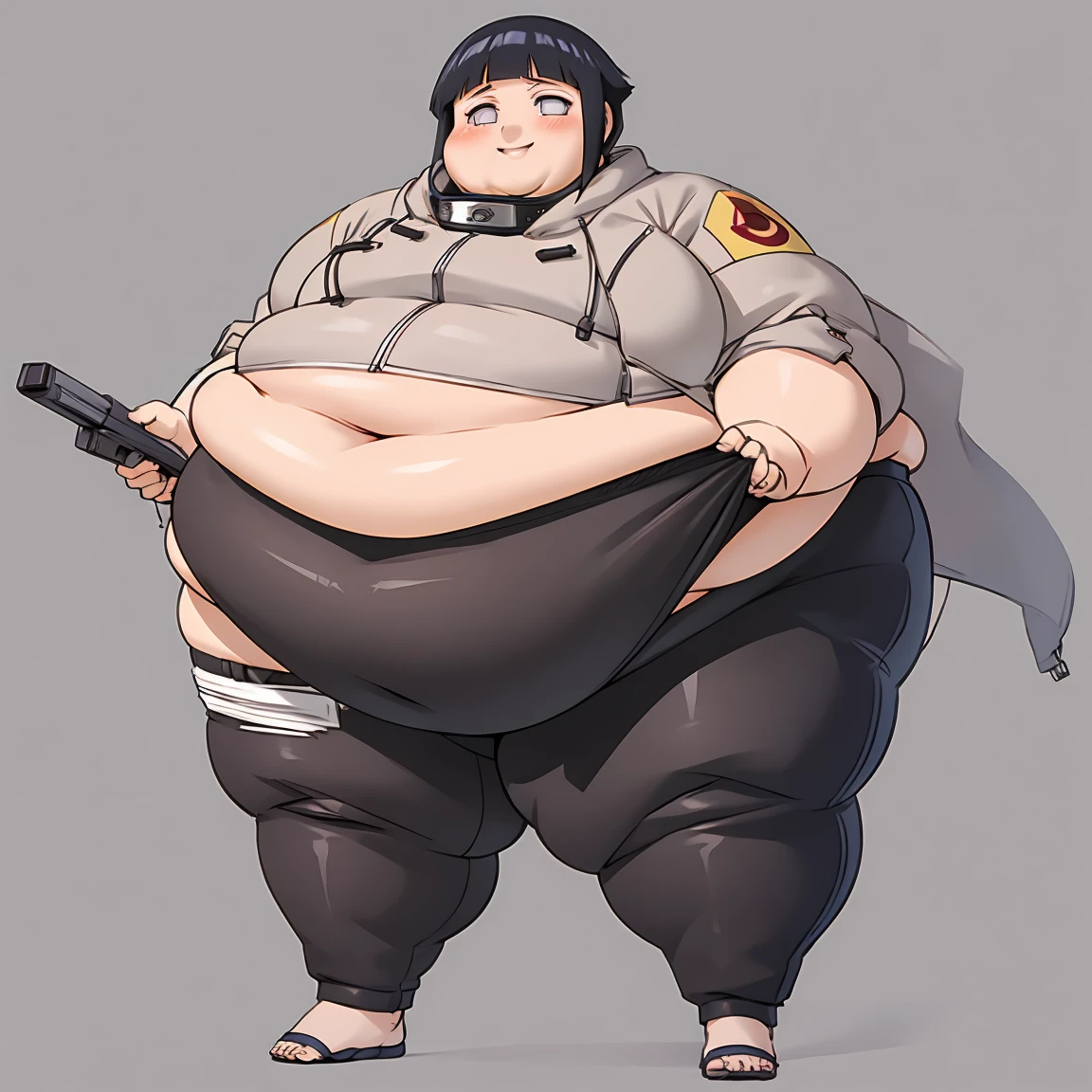 standing, shy, smile, blush, solo, 1girl,  Slob hyuuga hinata, very thick thighs, obese arms, obese belly, big cheeks, Slob body, black hair, short hair, white eyes, no pupils, small breats, black pants, jacket, konoha simbol, ultra detailed, masterpiece, best quality, aesthetic, detailed