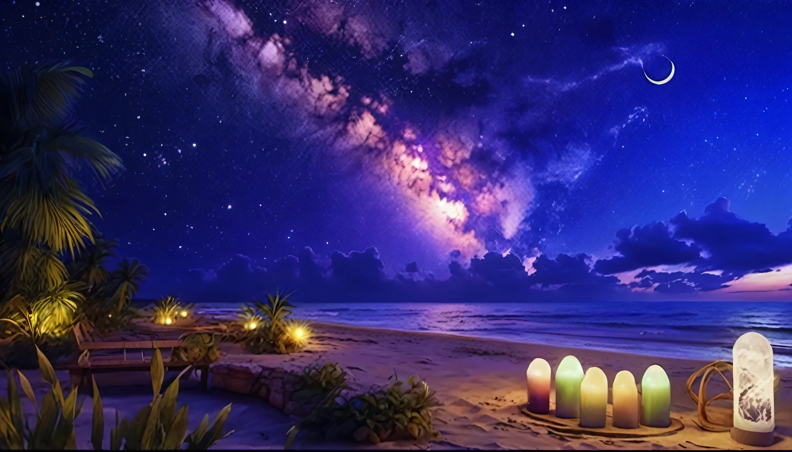 moon、Ocean、sleep、green、purple、Fantasy、Starry Sky、high resolution、8k、detailed