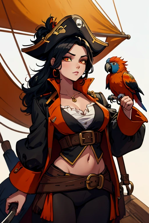 black haired woman with orange eyes and a figure in a pirate outfit is holding an orange parrot on a pirate ship[