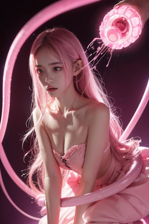 Tentacles burrow into ears,Pink clothes,Magical girl,hypnotic device,Brainwashing tentacles penetrate into the brain,Painful expression,parasitic,Ayanhei,collar,defeat,white tether,eyes empty,bundle,whole body