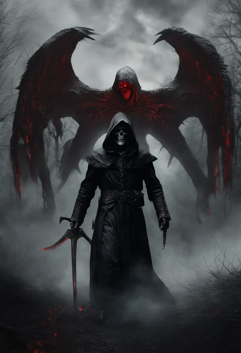(ultra-detailed CG unit 8k wallpaper, Master parts, Best quality, depth of fields, hdr, complex), Tall, The sinister Dark Assassin wears red eyes mask，((grim reaper)), Bright red eyes，Light and dark armor，Behind him，He wears a low-key red cloak。，Holding a sharp dagger in his arms，Step into the burning village, (complex: 1.4) (Master parts: 1.4) (illustration: 1.4), Red studio lighting, Post-processing, 8K resolution, deep dark background, imponent, Well-composed photos, Impressive, dark fantacy (director: greg rutkovsky: 1.2), (darken: 1.5)（multiple persons:1.5, ride a evil horse, zombie horse, red eyes