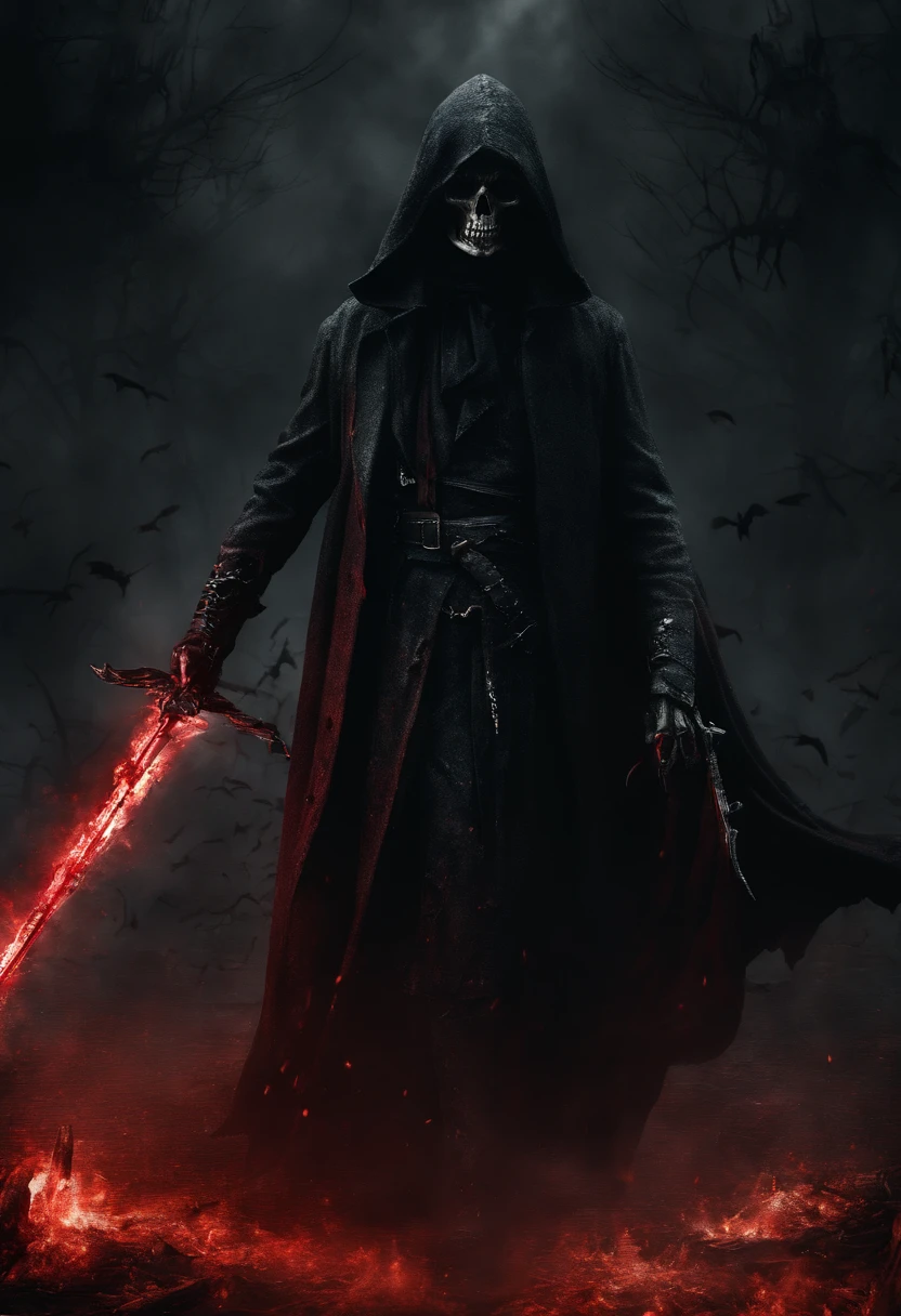 (ultra-detailed CG unit 8k wallpaper, Master parts, Best quality, depth of fields, hdr, complex), Tall, The sinister Dark Assassin wears red eyes mask，((grim reaper)), Bright red eyes，Light and dark armor，Behind him，He wears a low-key red cloak。，Holding a sharp dagger in his arms，Step into the burning village, (complex: 1.4) (Master parts: 1.4) (illustration: 1.4), Red studio lighting, Post-processing, 8K resolution, deep dark background, imponent, Well-composed photos, Impressive, dark fantacy (director: greg rutkovsky: 1.2), (darken: 1.5)（multiple persons:1.5, ride a evil horse, zombie horse, red eyes