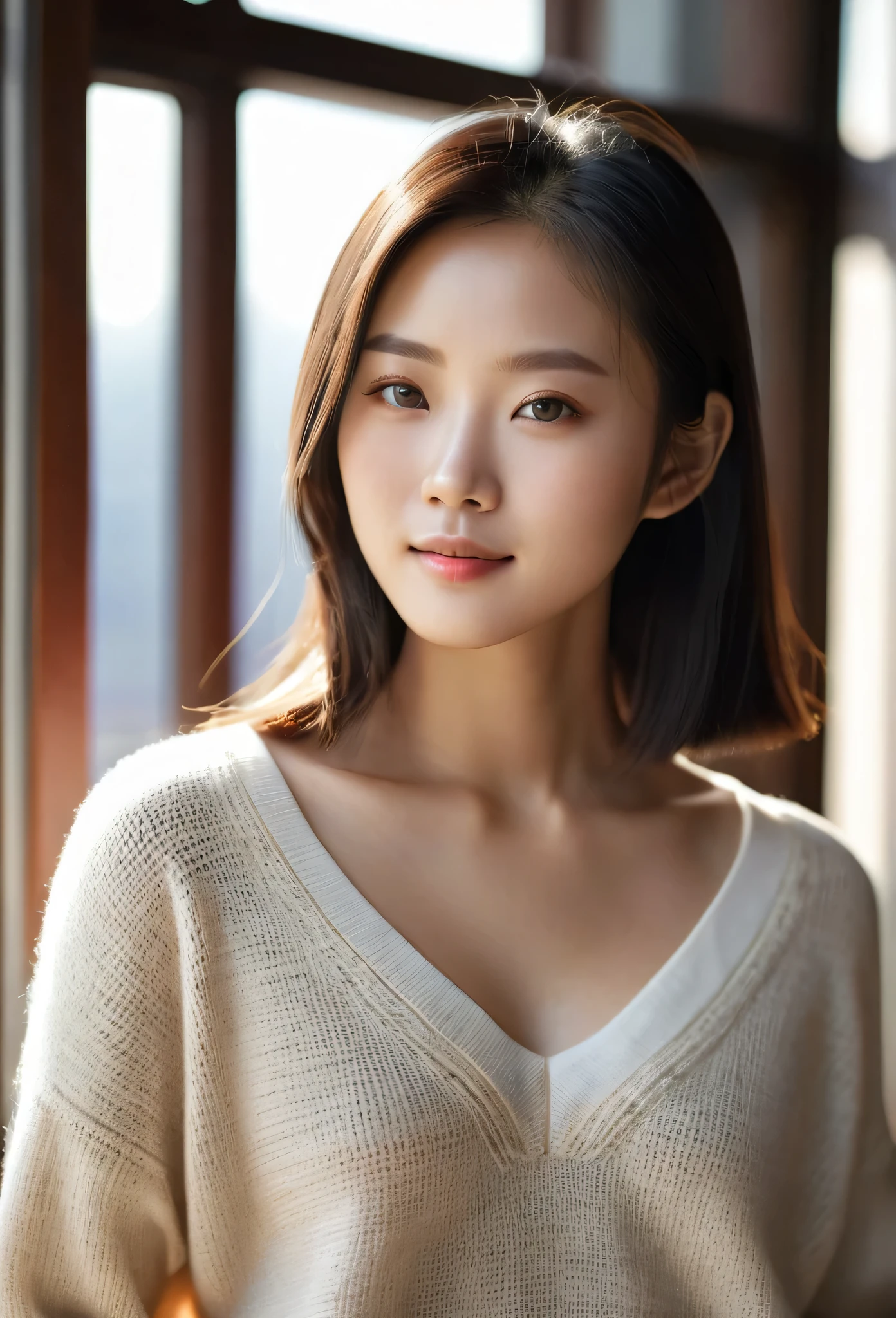 Beautiful Chinese girl with light V-neck sweater, shoulder-length hair, natural skin tone, perfect facial details, front view, sunlight shining through the window on her beautiful figure, upper body front shot, photographic style, ultra-realistic skin texture and clear eyes, high resolution, in photographic style.