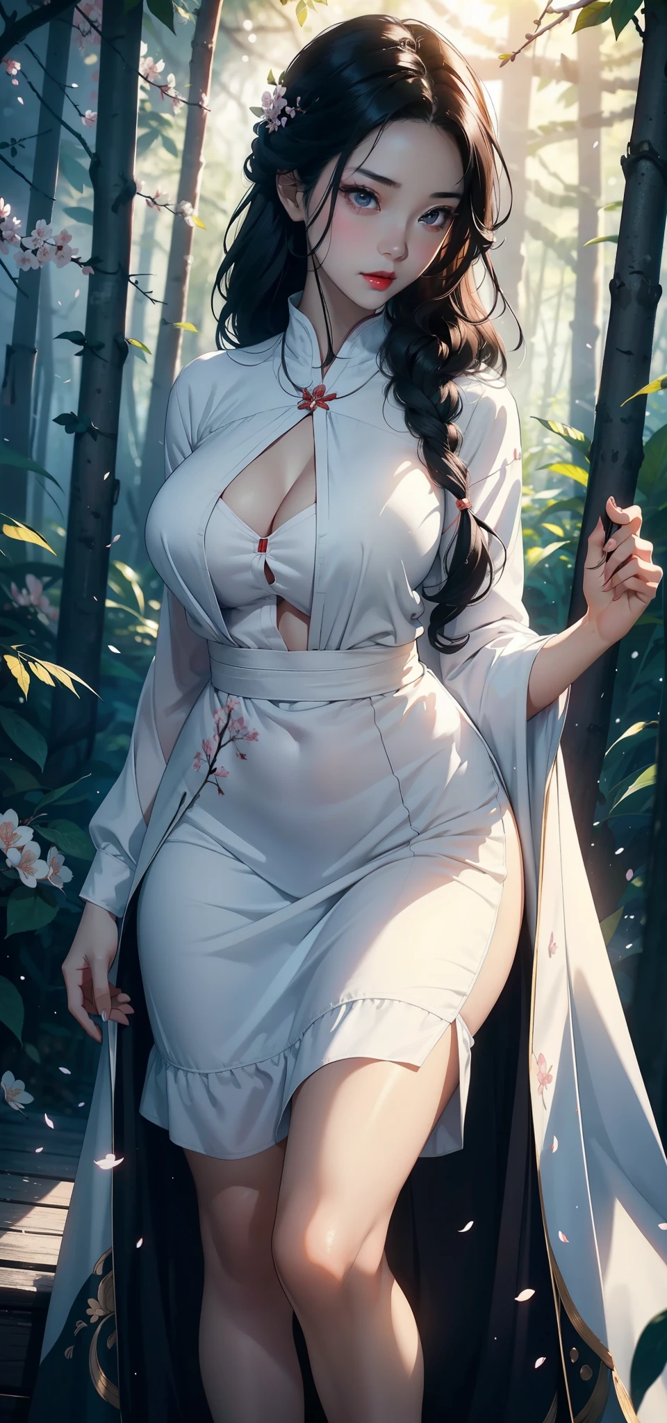 1 female，35 years old，Slim，Very large ，Big breasts and thin waist，Long legs， solitary，（background：，Cherry Blossom Forest，Rainforest）Standing in the forest， She has long black hair，Front view， curls，Cloudy sky，（（（masterpiece），（Highly detailed CG Unity 8k wallpaper），best quality，Light，详细background，Beautiful and delicate eyes，smart student，black eyes，Snow-white skin，red lips（Very delicate and beautiful），（Beautiful and detailed description of the eyes），Super detailed，masterpiece，））face camera，high resolution，Super detailed），nude，High school student，White shirt