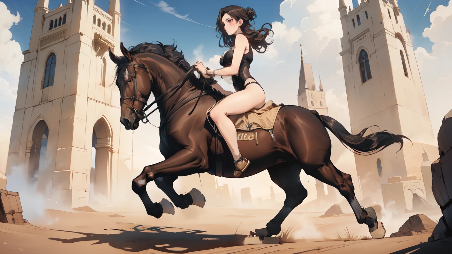((best quality)), ((anime masterpiece)), (high detailed), 8k, cinematic lighting, perfect face, large breast, cleavage, female dancer riding a BROWN HORSE, (pink dancer outfit, sandals), (brown horse, saddle, reins, bridle, stirups), solo, both hand holding rein, fantasy setting, on the desert, ((from side: 1.5)), anatomically correct