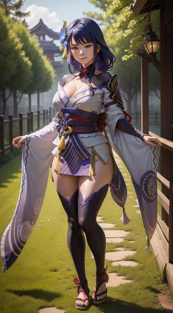 Raiden shogun, fullbody, head to toe, outdoor, daylight, green grass background, Illustration, UHD, retina, masterpiece, accurate, anatomically correct, super detail, high details, high quality, award winning, best quality, highres, good anatomy, 4K, 8k, 16k, 1 girl, dynamic pose, androgynous, raiden shogun, genshin impact, looking directly at viewer, heart pupils, smiling, blushing, hands near chin, portrait, creative shading, lighting, detailed eyes, rendering, detailed clothes, full body, full screen img, full body included, full body art, legs, toes, head to toe (full body) includes in the art, perfect body ratio, sakura tree, thick thigh, openlegs, open legs