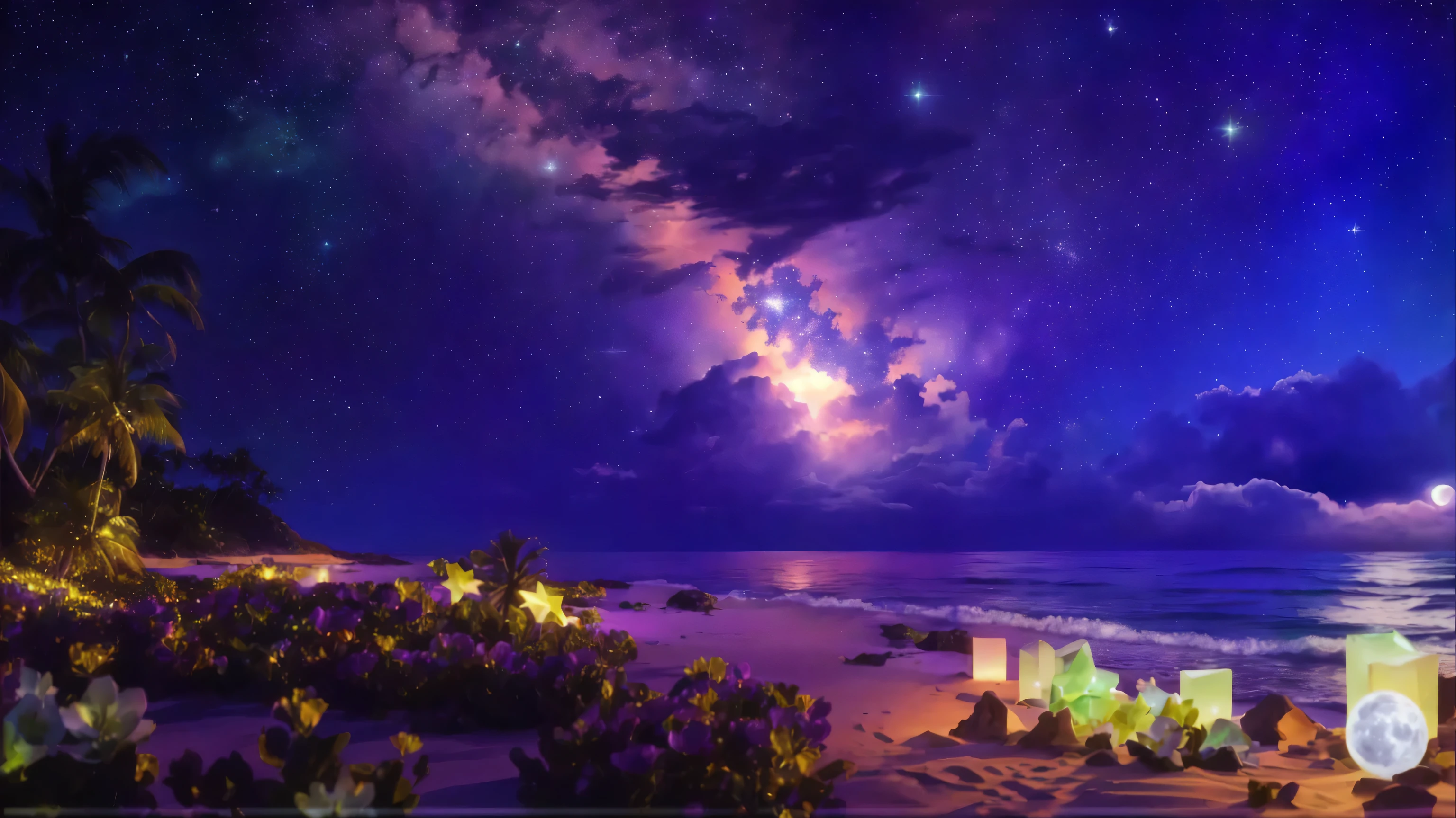 high resolution、Ocean、green、purple、Fantasy、8k、In detail、Starry Sky、moon、beautiful