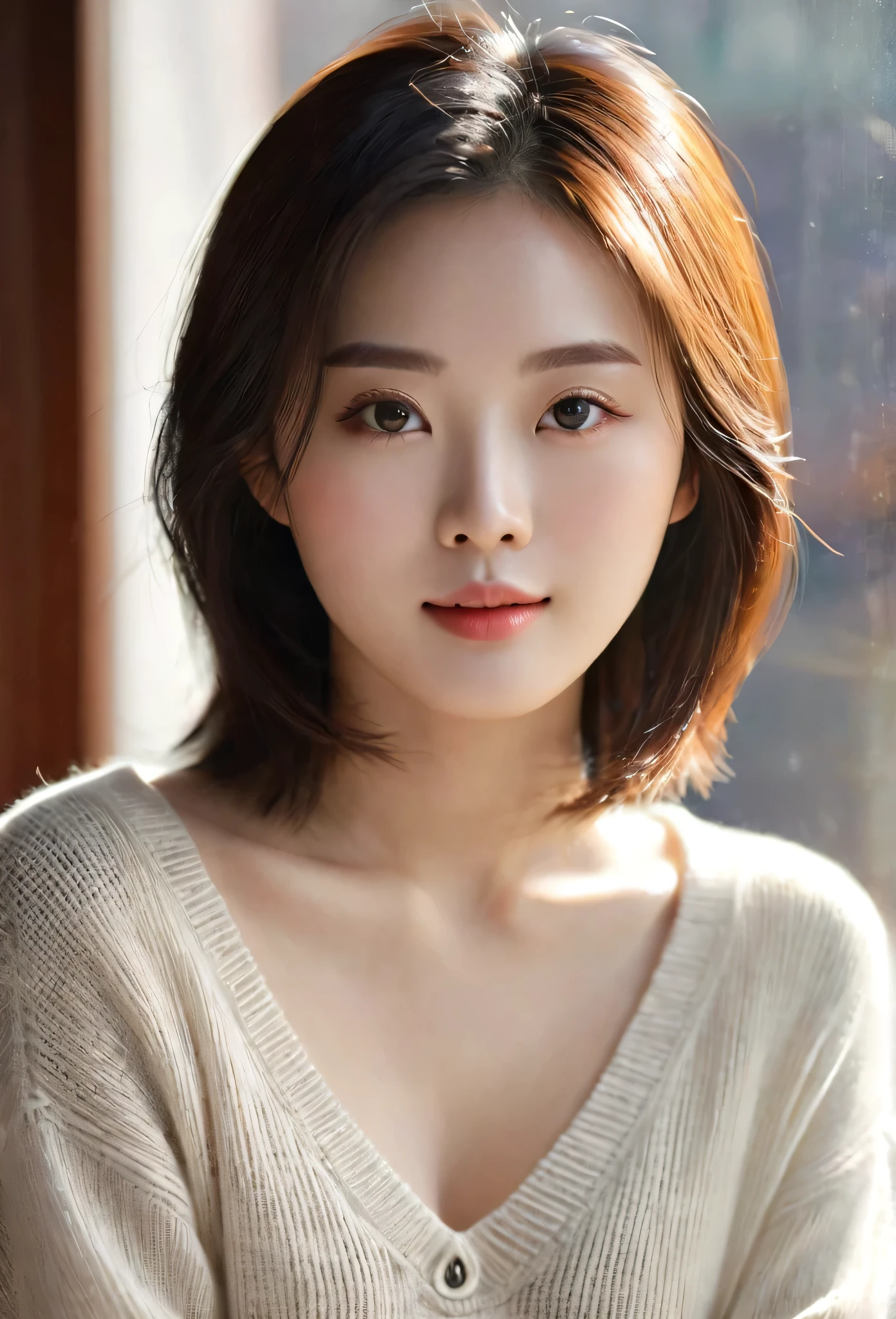 Beautiful Chinese girl with light V-neck sweater, shoulder-length hair, natural skin tone, perfect facial details, front view, sunlight shining through the window on her beautiful figure, upper body front shot, photographic style, ultra-realistic skin texture and clear eyes, high resolution, in photographic style.