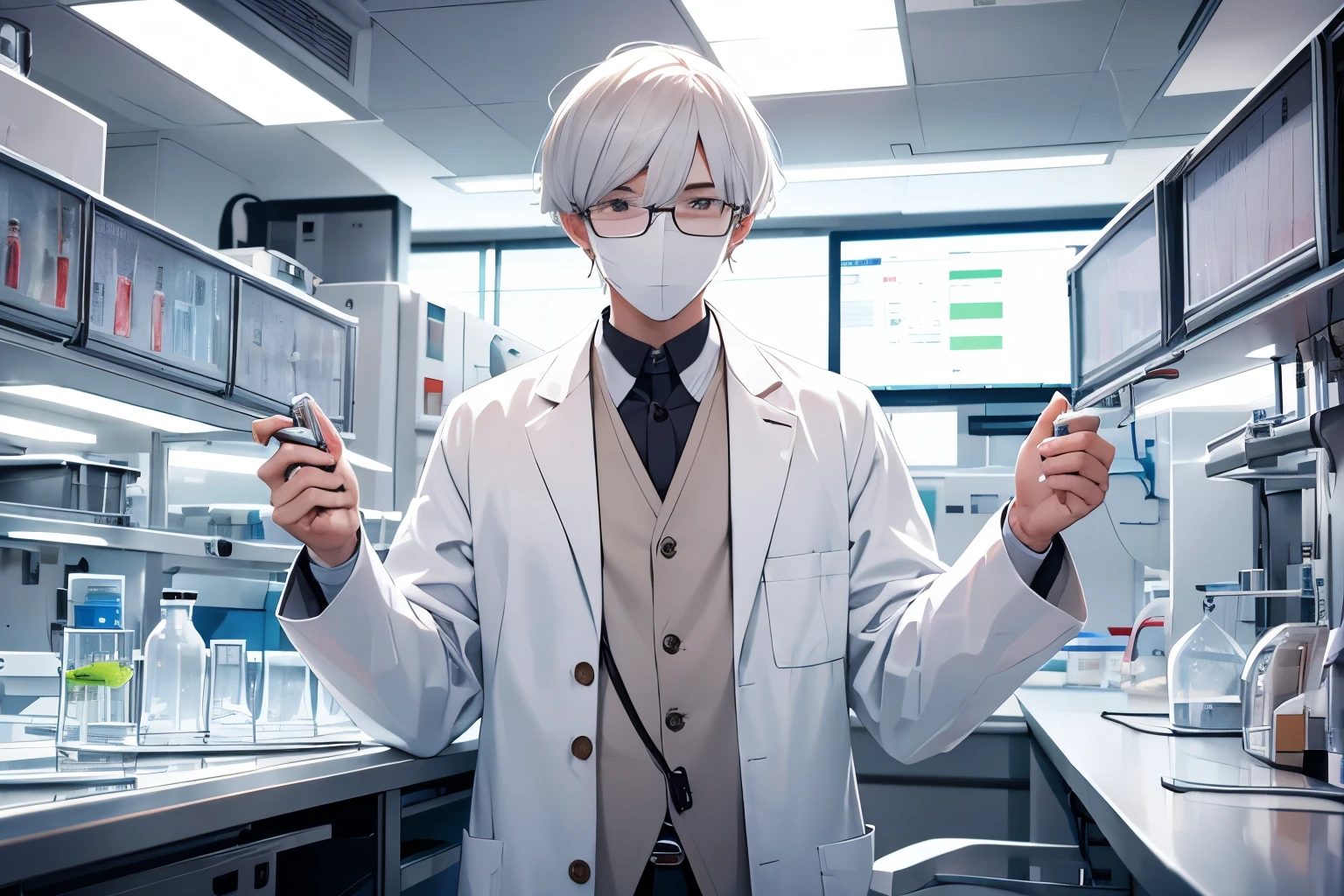modern biology laboratory, Chinese man biologist white lab coat, bright