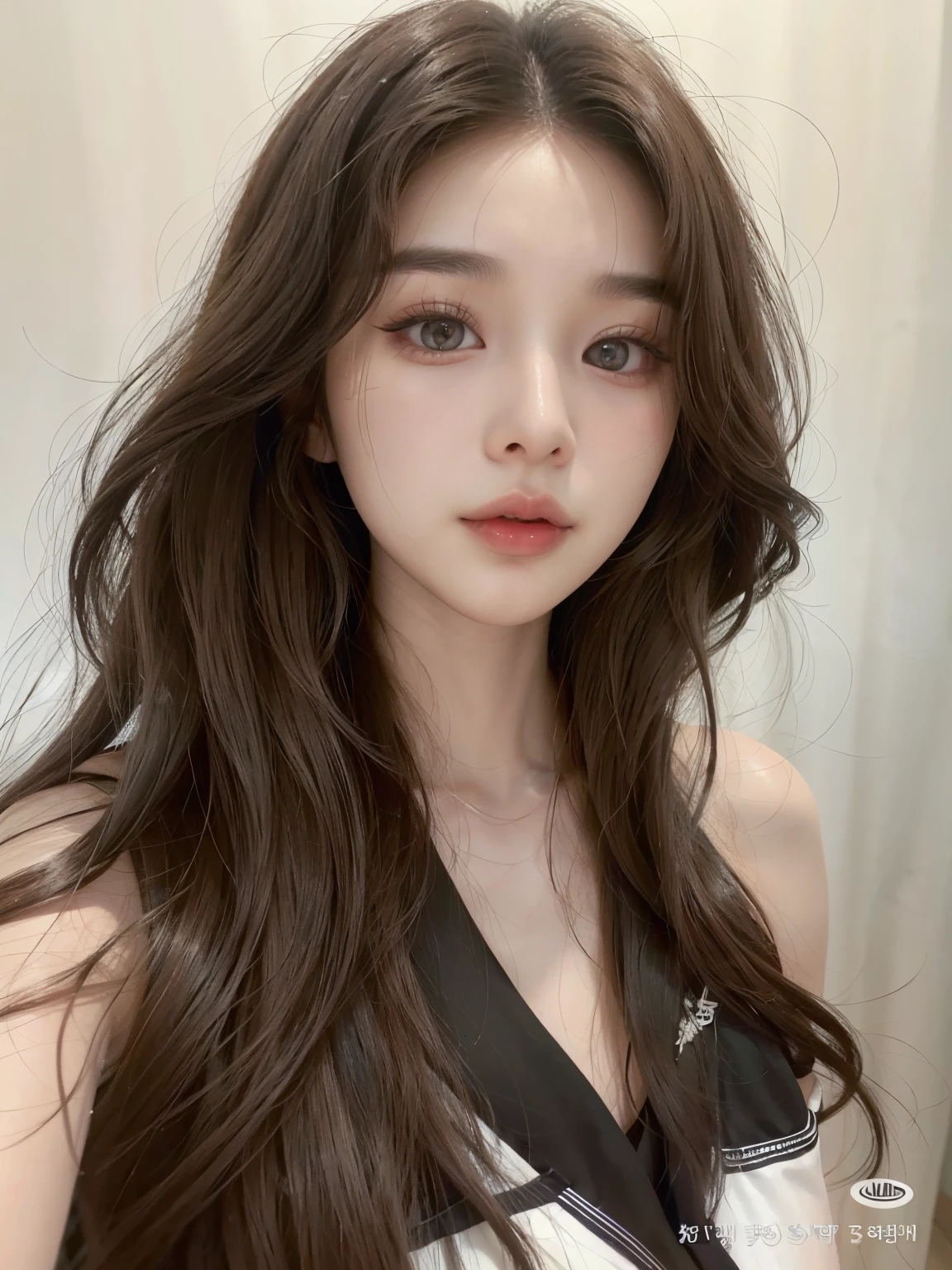 Close up of woman with long brown hair wearing black and white dress., Beautiful Korean Woman, Beautiful young Korean woman, Jaeyeon Nam, Best Face, Beautiful young Korean woman, Korean woman, Young and lovely Korean face, popular korean makeup, popular makeup in korea, 8k selfie photo, Wow lovely Korean face, ig model | art germ