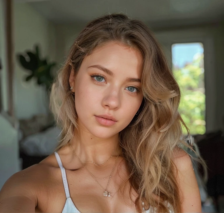 mulher arafed com cabelo longo ondulado e desarrumado, messy hair and a white bra top, sem maquiagem cabelos ondulados, modelo do instagram, Retrato de Sophie Mudd, Alana Fletcher, lindo rosto atraente, sem maquiagem, garota sexy com olhos verdes, ellie victoria gale, cabelo ondulado na altura dos ombros, rosto extremamente lindo, morena com cabelos tingidos de loiro, taken at the beginning of 2020, linda mulher, amazing light blue eyes, pastel blue eyes, collarbone visible,