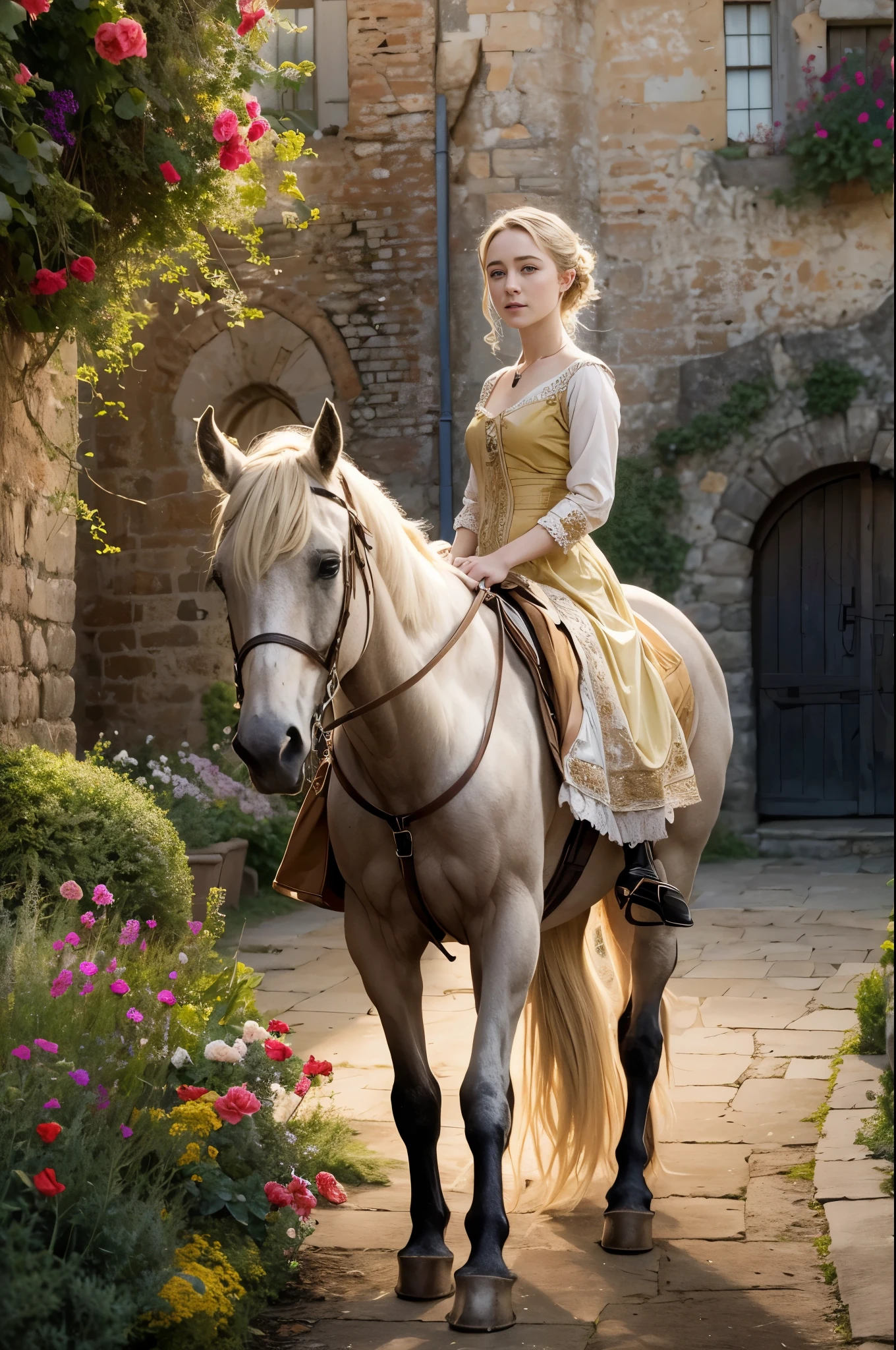 Masterpiece, (Saoirse ronan), a full body shot of a young and beautiful blonde noble woman with clear blue eyes, twenty years old, with jewels, in a regency dress, happy, circa 1814, princess riding a horse, royal, woman riding a horse, horse, 16K, ultra high resolution photorealistic, UHD, RAW, DSLR, natural lighting, castle alley with beautiful gardens in the background