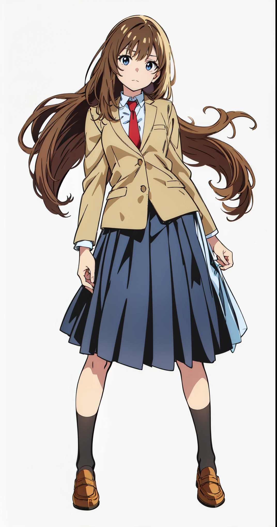 (white background:1.0), (best quality:1.0), (masterpiece:1.0), (super fine illustration:1.0), (beautiful artwork:1.0), (anime screencap:1.0), (official art:1.0), (full body:1.0), (solo:1.0), (HSGα:1.0), (a 18yo cute girl:1.0), (long skirt:1.2), (dark blue skirt:1.0), (pleated skirt:1.0), (school uniform beige blazer:1.0), (red necktie:1.0), (loafers:1.0), (black socks:1.0), (ideal ratio body proportions:1.2), (lanky:1.2), (tall:1.2), (slender:1.2), (small breasts:1.2), (smaller face:1.2), (tareme:1.0), (detailed beautiful eyes:1.0), (detailed beautiful face:1.0), (glowing black eyes:1.0), (long hair:1.0), (brown hair:1.0), (standing:1.0), (looking at viewer:1.0)