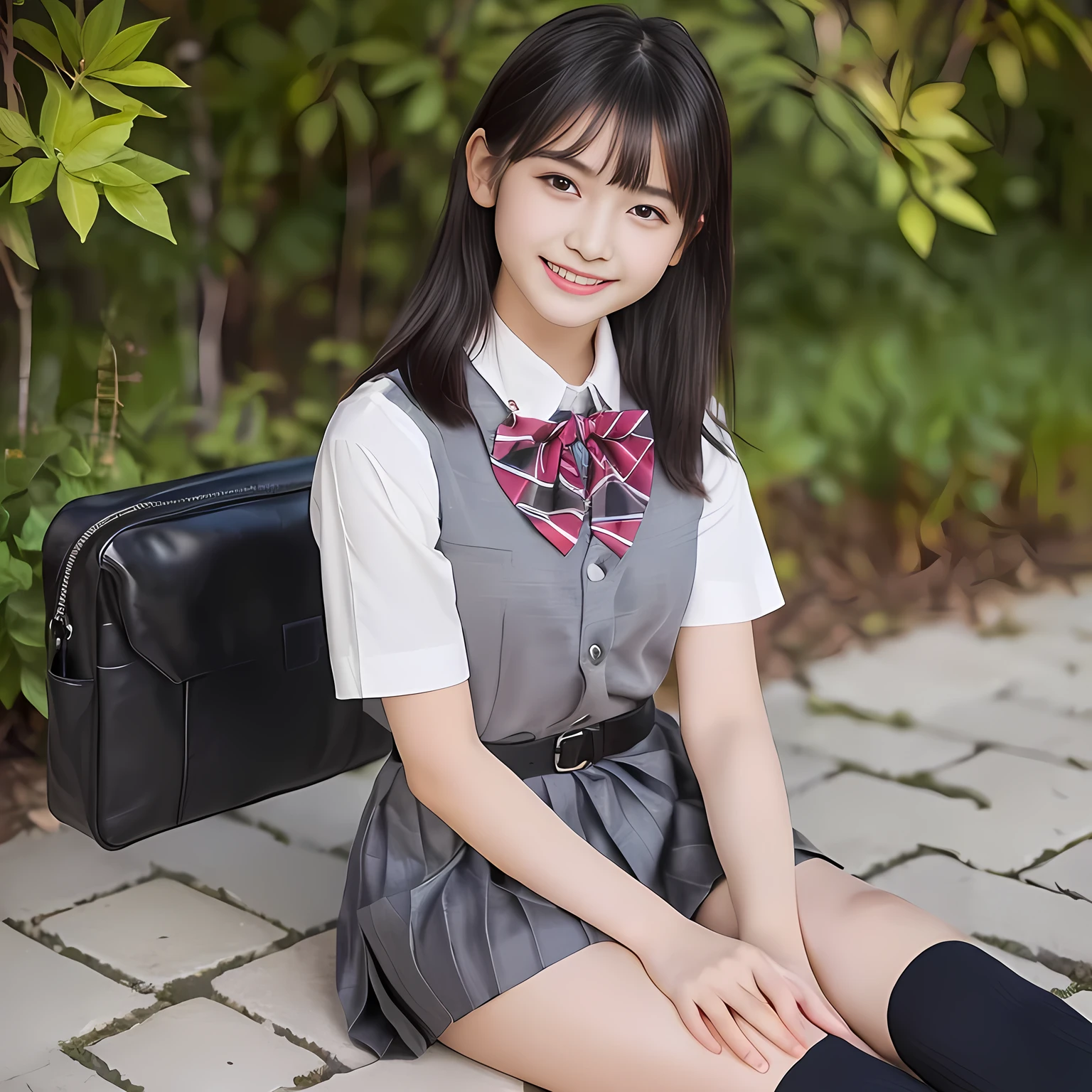 (highest quality, masterpiece:1.2), highest quality, Realistic, photograph, High resolution, 1080p, 8K, Physical Rendering, ((Height: 165cm)), (((((((A 14 years old sweet girly Japanese fashion model is seated like a fashion model and shyly smiling at the viewer))))))), solo, (((big very detailed Japanese beautiful dark brown eyes))), ((loving and laughing at me!)), detailed fingers, ((curled blunt bangs)), ((((Very noble and cute eyes)))), ((double eyelids)), (((long eyelashes))), ((cute lovely lovely laughing laughing cheeks)), (((very expressive noble smile, very sweet, very lovely face, very shy))), ((((deep red ribbon bow tie)))), ((((black very beautiful and short straight bobbed hair)))), ((((gray box-pleated school long skirt and grey vest)))), noble box-pleated skirt covers knees, ((((A ivory summer blouse with puffed short sleeves)))), ((women's clothes department)), ((complexion lightening)), ((Full body shot)), Japanese girls legs, (((white socks and loafers))), ((Leather student bag)), small waist, plump calves