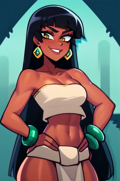 1girl,solo,loincloth,bandeau,chel \(the road to el dorado\),dark-skinned female, reflective skin, black hair, long hair, (Wearing: tube top, loincloth, emerald bracelet's and golden earrings:1.2), collarbone, bare shoulders, medium breasts, cleavage, midriff, wide hips, upper body, hands on hips, looking at viewer, she's looking at the camera with a flirtatious smile
