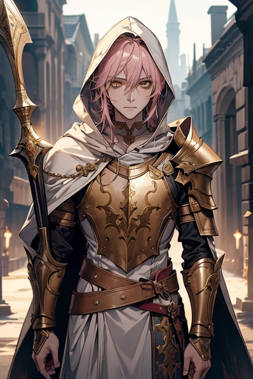 young male, messy pink medium length hair with bangs, yellow eyes, adult face, adult, white hood and shroud, bare torso with chest armor, thin lean and handsome, fantasy, paladin, holding polearm, femboy, rule of third, fully body, glaive in hand