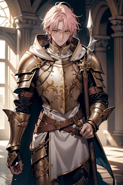 young male, messy pink medium length hair with bangs, yellow eyes, adult face, adult, white hood and shroud, bare torso with chest armor, thin lean and handsome, fantasy, paladin, holding polearm, femboy, rule of third, fully body, glaive in hand