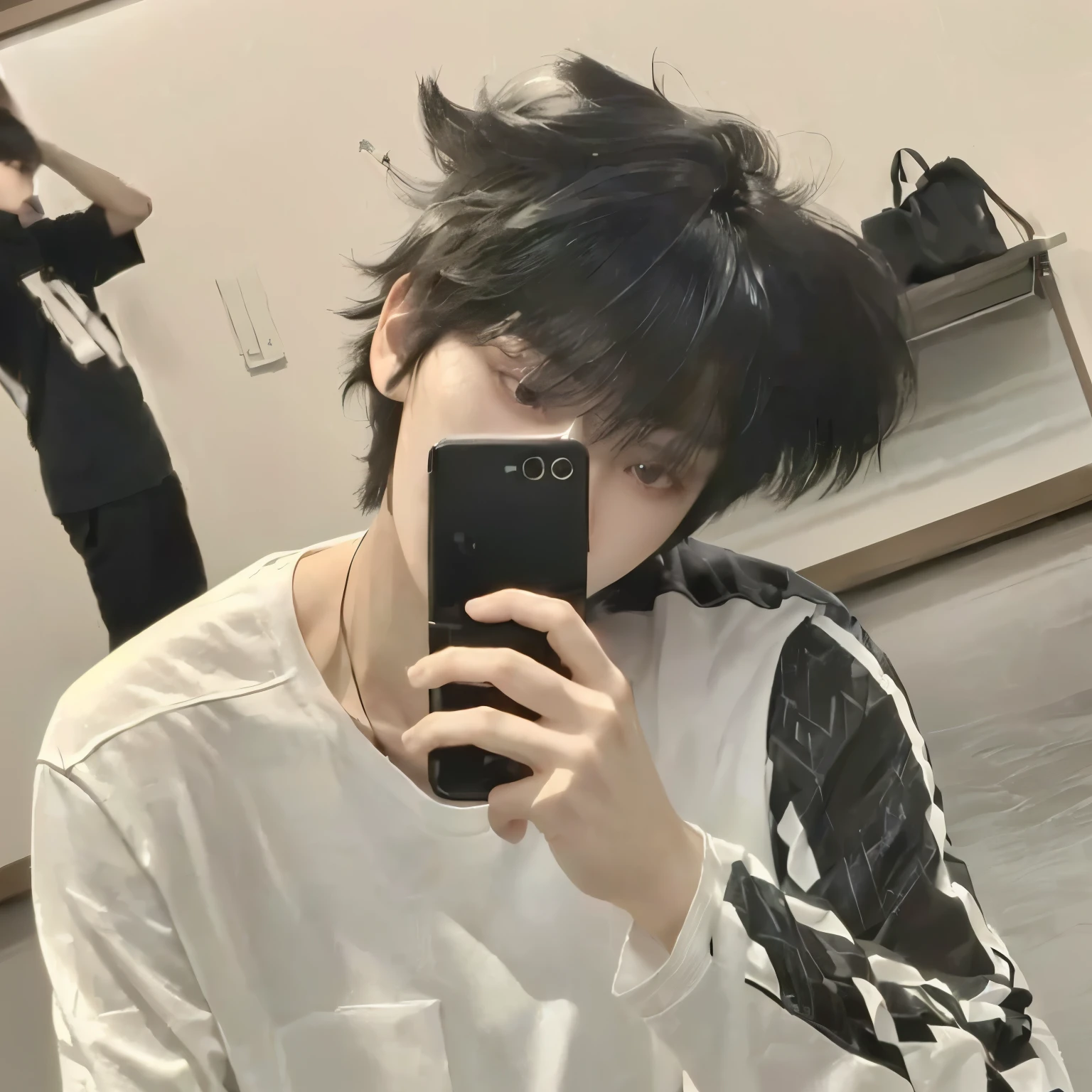 there is a man taking a picture of himself in the mirror, male ulzzang, boy has short black hair, cai xukun, with short hair, black haired yoongi, white hime cut hairstyle, ulzzang, sui ishida with black hair, 1 7 - - old thin face, with same hairstyle, jinyoung shin, whitebangsblackhair