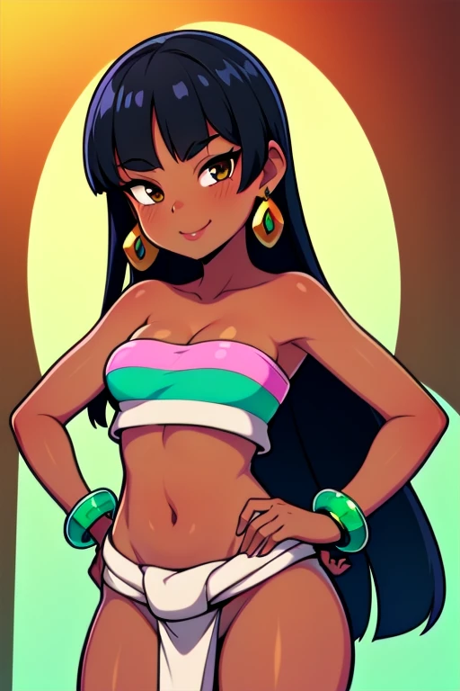 1girl,solo,loincloth,bandeau,chel \(the road to el dorado\),dark-skinned female, reflective skin, black hair, long hair, (Wearing: tube top, loincloth, emerald bracelet's and golden earrings:1.2), collarbone, bare shoulders, medium breasts, cleavage, midriff, wide hips, upper body, hands on hips, looking at viewer, she's looking at the camera with a flirtatious smile
