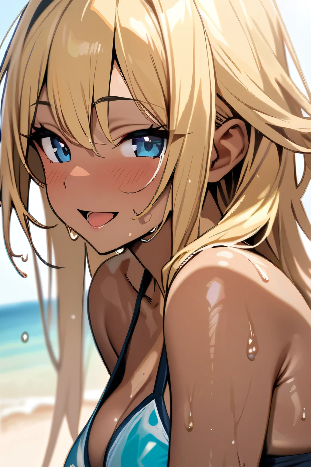 Masterpiece, Best Quality, Beautiful Girl, Pretty Face, Smiling, Open Mouth, Blonde, Dark Skin, Wet Skin, Swimsuit,