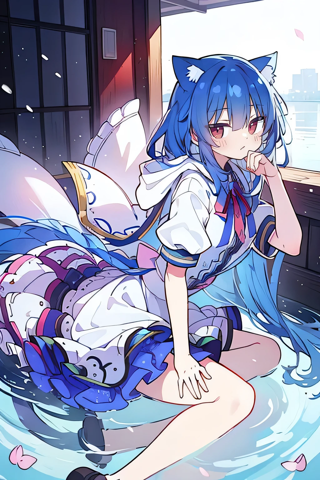 (masterpiece:1.2),Super detailed,lifelike,Expressive eyes,fair skin,perfect face shape,1 girl,
Japanese comics,Gorgeous blue hair,flowing blue hair,flowing clothes,Cat ears,Petals fall,beautiful lola,Baby Angel,
Shaking head with one hand,Cross your legs,Gentle and peaceful background,The pavilion is cool and comfortable,smile, wearing hoodie, background of tokyo,back views,snowing, winter,lie on the water.
