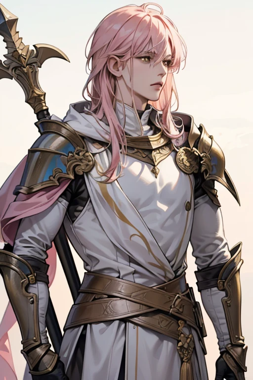young male, messy pink medium length hair with bangs, yellow eyes, adult face, adult, white hood and shroud, bare torso with chest armor, thin lean and handsome, fantasy, paladin, holding polearm, femboy, rule of third, fully body, glaive in hand
