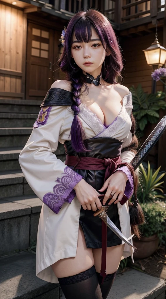 shogun, 1girl, solo, long hair, black trech coat, looking at viewer, hair ornament, thighhighs, long sleeves, ribbon, holding, cleavage, closed mouth, purple eyes, weapon, purple hair, braid, flower, sword, wide sleeves, holding weapon, armor, blurry, sash, holding sword, obi, shoulder armor, tassel, bridal gauntlets, stairs, purple flower, vision (genshin impact), obijime, tomoe (symbol), obiage, mitsudomoe (shape),