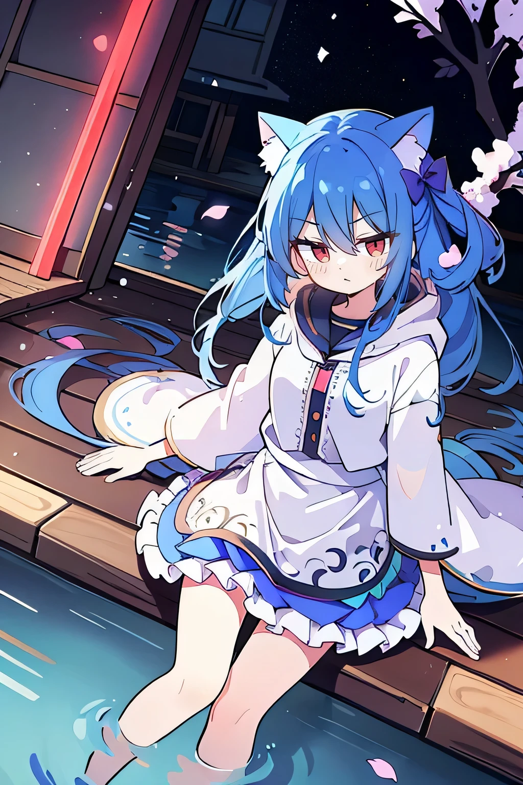 (masterpiece:1.2),Super detailed,lifelike,Expressive eyes,fair skin,perfect face shape,1 girl,
Japanese comics,Gorgeous blue hair,flowing blue hair,flowing clothes,Cat ears,Petals fall,beautiful lola,Baby Angel,
Shaking head with one hand,Cross your legs,Gentle and peaceful background,The pavilion is cool and comfortable,smile, wearing hoodie, background of tokyo,back views,snowing, winter,lie on the water.