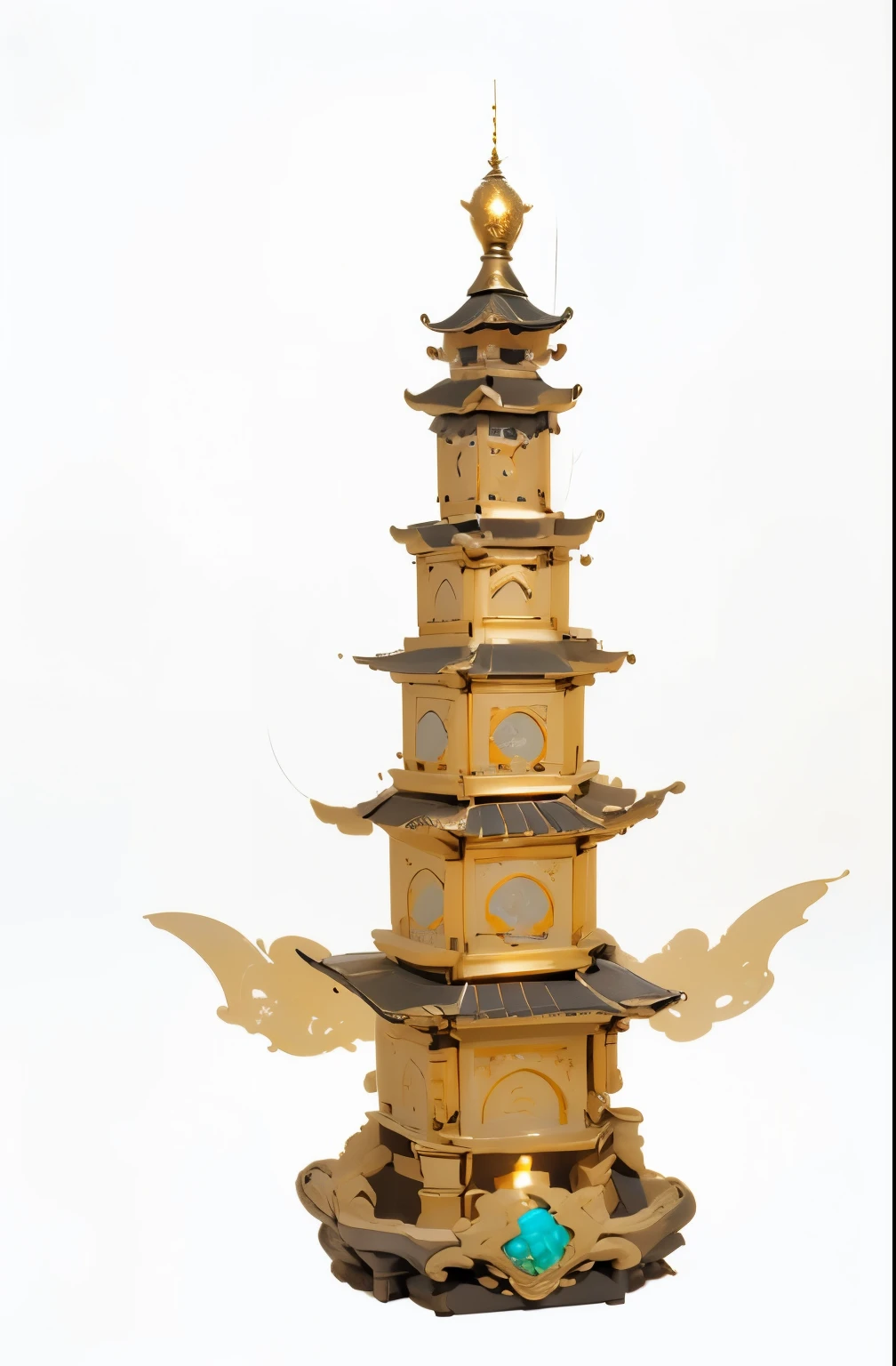 detailed golden metal pagoda, 8K, award-winning masterpiece, ultra-detailed, photorealistic, hyper realistic, physically-based rendering, intricate architecture, ornate design, stunning lighting, warm golden tones, glowing metal, majestic, grand scale, architectural marvel, museum quality, breathtaking, mesmerizing, awe-inspiring