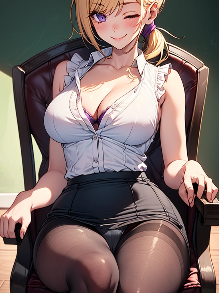 (highest quality, High resolution, perfect pixel, Depth of bounds written, 4K), upper body, (chair), (desk), (looking down), (detailed eyes), (1 lady), tall, (skinny body:1.2), (thin thighs:1.2), (Narrow hips:1.2), (teacher:1.2), (white sleeveless frilled shirt:1.2), (cleavage), (purple bra), middle breasts, blond hair, (ponytail:1.2), (black pencil skirt1.2), (high waist), (side slit), (pantyhose:1.2), (purple panties under pantyhose:1.2), (reclining with knees up), (seductive smile), one eye closed,