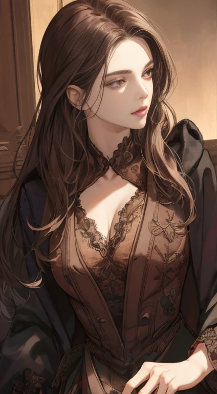 （（retinas））， tmasterpiece， anatomically correcte， textureskin， super detailing， high detal， high qulity， best qualtiy， A high resolution， 4K， （Detailed lighting， detailedshadows）， 1womanl， dark brown  hair， （（Detailed eyes））， closeup cleavage， sportrait， （with brown eye）， Very detailed clothes， （（Modern clothes））， beautiful hairl， Detailed body， Hair down， very highly detailed background， beatiful background， （long whitr hair）， Half body，），