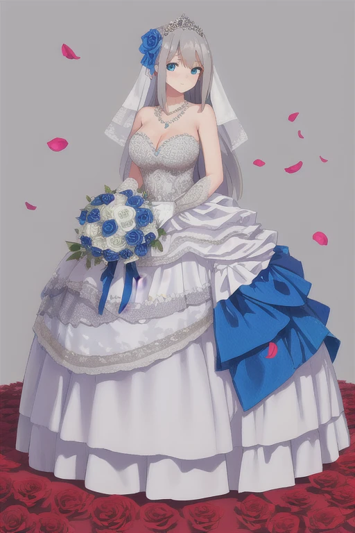 (((Best quality))),((Ultra-detailed)),((illustration)),((Disheveled hair)),((frilld)),(1 girl),(Solo),1girl,
1girl,
blue bow,
blue eyes,
blue flower,
blue ribbon,
blue rose,
bouquet,
breasts,
dress,
flower,
gradient,
gradient background,
grey background,
jewelry,
long hair,
necklace,
petals,
rose,
solo,
veil,
wedding dress,
white dress,
lexington \(warship girls r\),
gray hair,
long dress,
full body,